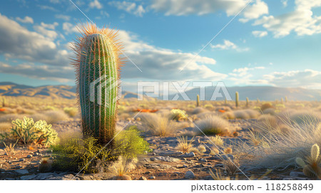 Desert horizon is interrupted by the presence of a solitary cactus 118258849
