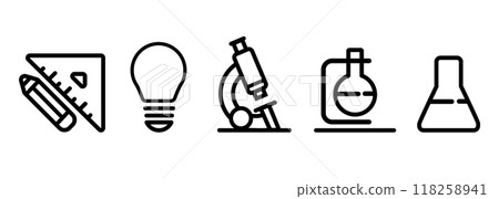 line outline icon set of science idea subject of mathematics chemistry microbiology symbolize with flask beaker microscope pencil and ruler 118258941