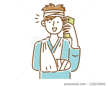 Smiling young man with a broken arm and a bandage on his head making a phone call 118258982