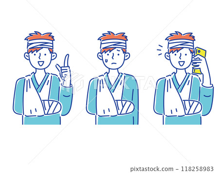 Set illustration of a young man with his broken arm in a sling Set illustration of a young man with his broken arm in a sling 118258983
