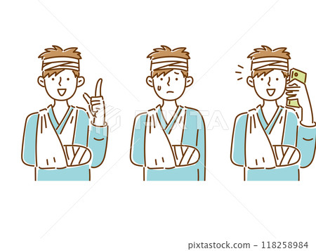 Set illustration of a young man with his broken arm in a sling 118258984