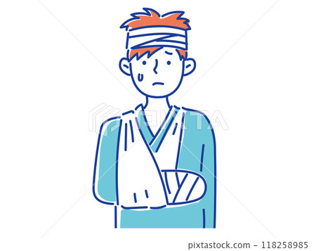 一名年輕男子的手臂打著石膏，頭上纏著繃帶。 118258985