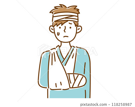 一名年輕男子的手臂打著石膏,頭上纏著繃帶。 一名年輕男子的手臂打著石膏,頭上纏著繃帶。 118258987