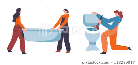 Two plumbers installing a bathtub Two plumbers installing a bathtub 118259017