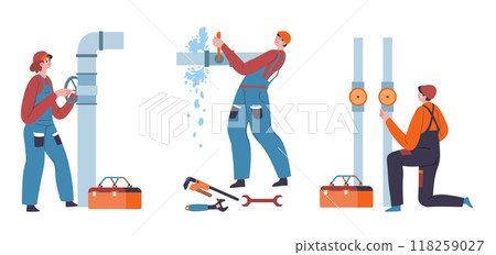 Female plumber fixing water pipe Female plumber fixing water pipe 118259027