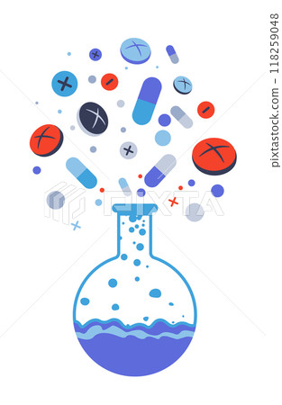 Laboratory flask with pills floating 118259048