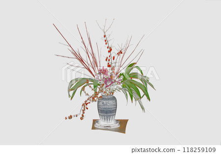 Red berries and green leaves are arranged in a vase and displayed on a tokonoma alcove. 118259109