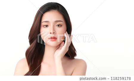 Beautiful young asian woman with clean fresh skin on white background, Face care, Facial treatment, Cosmetology, beauty and spa, Asian women portrait. Beautiful young asian woman with clean fresh skin on white background, Face care, Facial treatment, Cosmetology, beauty and spa, Asian women portrait. 118259178