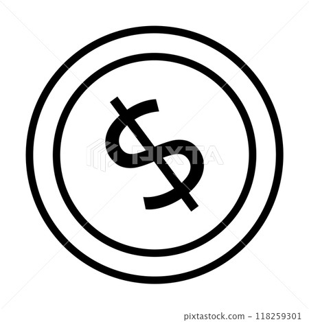 Simple black and white dollar symbol inside a circle. Ideal for finance, currency, economics, banking, investment. Clean vector design for versatile use. Monochrome style. 118259301
