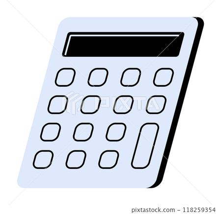 Cartoon-style calculator with a screen and buttons. Ideal for education, finance, budgeting, accounting, and data analysis themes. Three words simple, modern, clean. 118259354