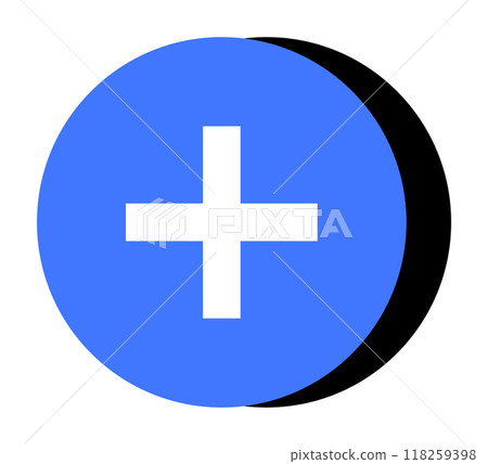Blue circle with a white plus sign atop a black shadow. Ideal for healthcare, medical, add, first aid, or pharmacy themes. Simple design style. Blue circle with a white plus sign atop a black shadow. Ideal for healthcare, medical, add, first aid, or pharmacy themes. Simple design style. 118259398