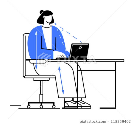 Woman, sitting at a desk with a laptop, demonstrates ideal ergonomic posture. Ideal for workplace safety, health and wellness education, productivity tips, office design, and ergonomics awareness. Sim 118259402