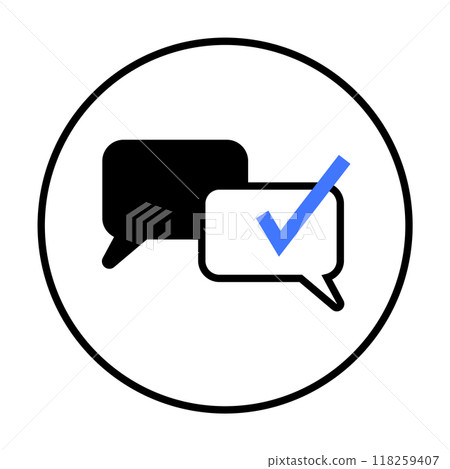 Two speech bubbles, one black and one white with a blue check mark, signify verified messaging. Ideal for messaging apps, social media, online verification, customer support, and communication tools. 118259407