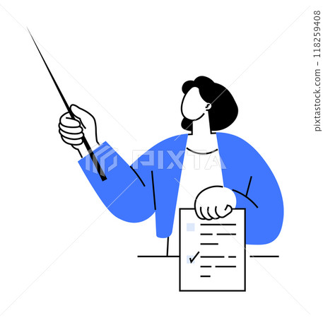 Person pointing with stick, holding checklist document. Ideal for education, training, presentation, instruction, office. Minimalist modern style. Person pointing with stick, holding checklist document. Ideal for education, training, presentation, instruction, office. Minimalist modern style. 118259408