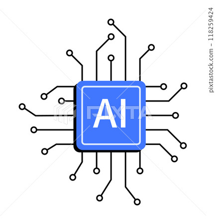Central blue chip marked AI with black surrounding circuits, symbolizing technology and AI connectivity. Ideal for tech innovation, machine learning, artificial intelligence, computational power, da 118259424