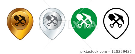Mining location miner place map location pinpoint mine zone digging pickaxe shovel icon logo design set location 118259425