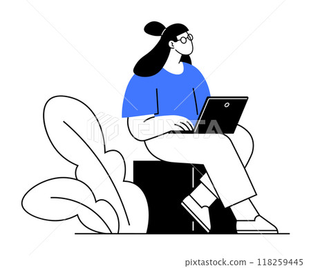 A person with glasses sits on a box, using a laptop, near some plants. Ideal for tech, remote work, studying, online education, freelancing. Simple illustrative style. 118259445