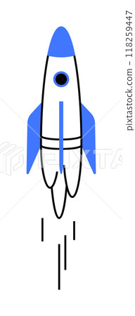 A blue and white rocket with an exhaust trail is launching upwards. Ideal for space exploration, innovation, startup growth, technology, futuristic themes. Minimalist cartoon style. A blue and white rocket with an exhaust trail is launching upwards. Ideal for space exploration, innovation, startup growth, technology, futuristic themes. Minimalist cartoon style. 118259447