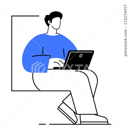 Person using a laptop while sitting. Ideal for technology, productivity, remote work, freelancing, digital nomad lifestyle. Minimalist, modern vector illustration with black, blue and white colours. 118259457