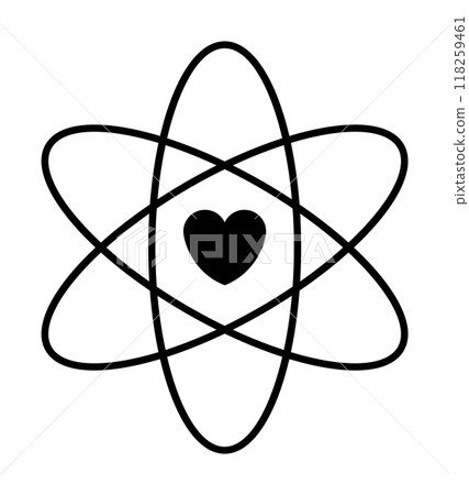 A heart at the center of an atomic symbol conveys unity of love and science. Ideal for educational materials, relationships, science-themed art, healthcare, and modern designs. Minimalist, black and w 118259461