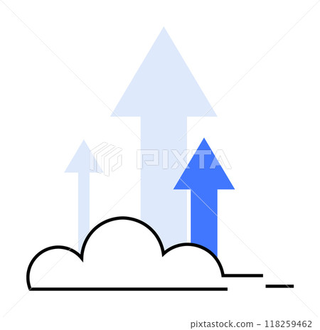 Arrows emerging from a cloud upwards in blue shades on white background. Ideal for business growth, progress, technology, success, and cloud computing themes. Minimalist style. Arrows emerging from a cloud upwards in blue shades on white background. Ideal for business growth, progress, technology, success, and cloud computing themes. Minimalist style. 118259462