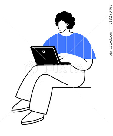 Person with curly hair and blue shirt using a laptop while sitting. Ideal for productivity, work from home, remote work, freelancer, digital workspace themes. Minimalistic outline style. 118259463
