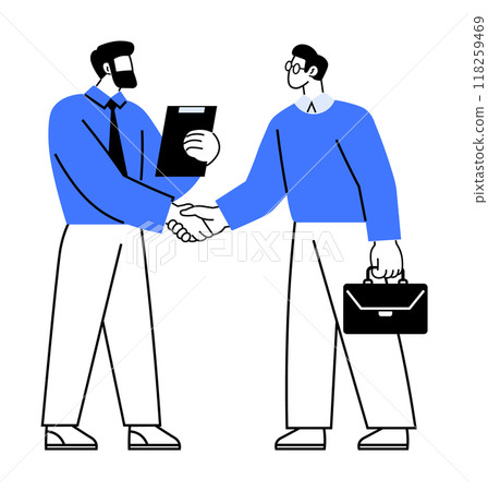 Two men shaking hands, one holding a clipboard, one with a briefcase. Ideal for business, partnership, collaboration, professionalism, and agreement. Minimalist vector style. 118259469