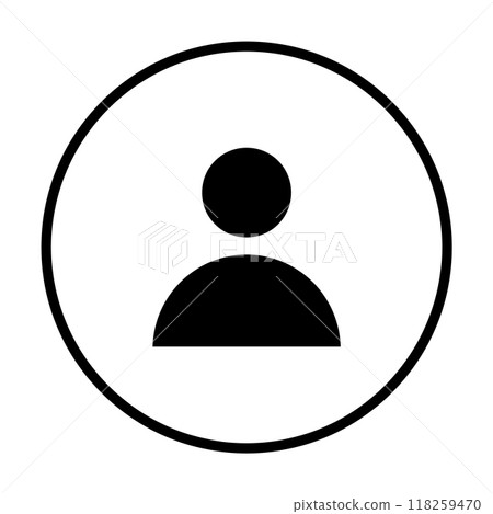 Simplistic black and white silhouette of a person within a circular boundary. Ideal for user interface, digital profiles, social media, web design simplification, modern presentations. Flat design sty 118259470