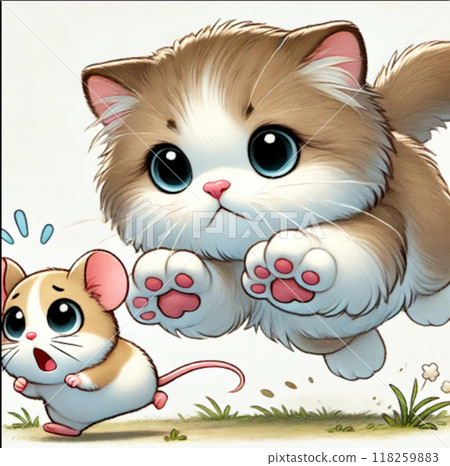 An image of a cat attacking a mouse. 118259883