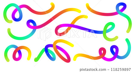 3D rainbow gradient lines. Fluid color vector elements on white background. Wavy blend swirl stripes. Dynamic twisted flowing strokes for posters and banners. 118259897