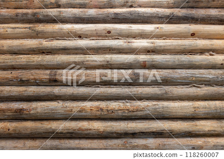 Wooden wall made of uncolored pine tree logs, background texture 118260007