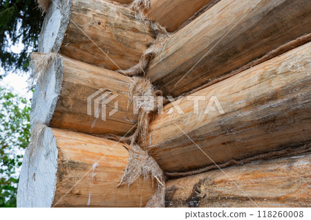 Corner of rural wooden house made of logs under construction Corner of rural wooden house made of logs under construction 118260008