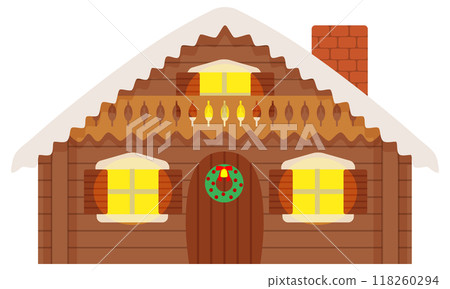 Vector illustration of a Russian-style log house decorated with a Christmas wreath 118260294