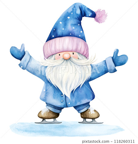 Cute Gnome santa claus playing ice skating with snow watercolor 118260311
