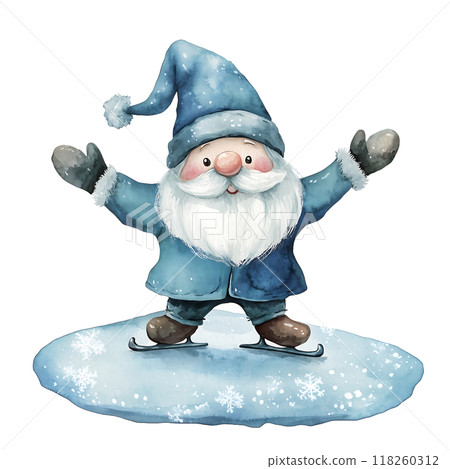 Cute Gnome santa claus playing ice skating with snow watercolor 118260312