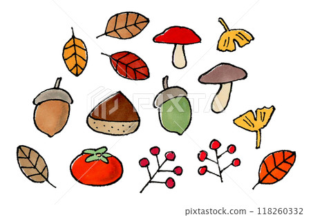 秋季植物(樹葉、蘑菇、橡子、栗子、柿子、堅果) 秋季植物(樹葉、蘑菇、橡子、栗子、柿子、堅果) 118260332