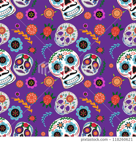 Colorful Sugar Skulls and Flowers Colorful Sugar Skulls and Flowers 118260621