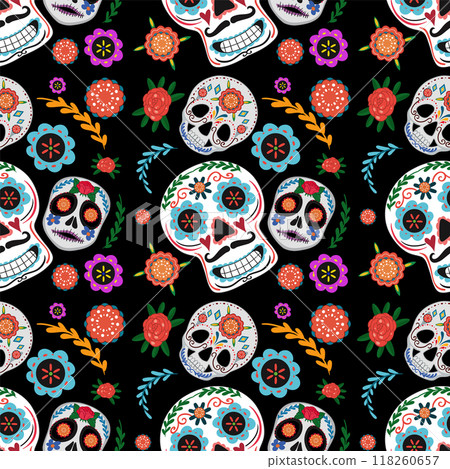 Colorful Sugar Skulls and Flowers 118260657