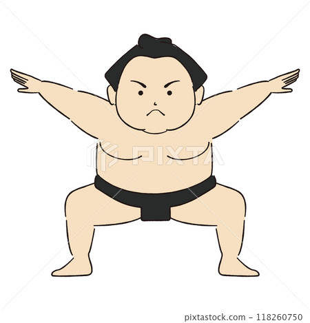 Simple hand-drawn illustration of a sumo wrestler raising both hands 118260750