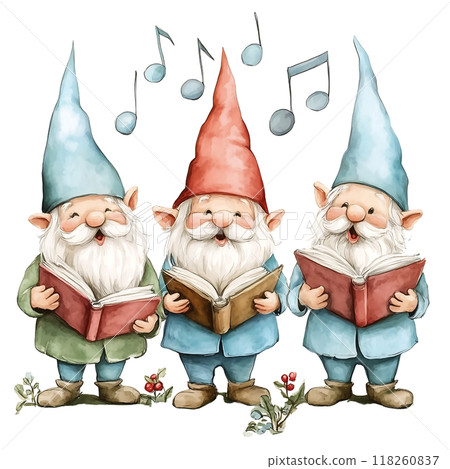 Cute Gnome Santa Claus singing for Christmas Carol, watercolor Cute Gnome Santa Claus singing for Christmas Carol, watercolor 118260837
