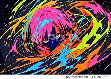 穿著彩色螺旋能量的粉紅色頭髮的女孩。 118261056