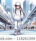 A woman in street fashion wearing a white outfit 118261309