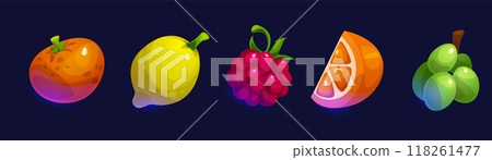 Fruits game ui or casino slot design elements. Fruits game ui or casino slot design elements. 118261477