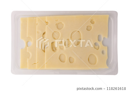 sliced cheese in plastic package isolated on white sliced cheese in plastic package isolated on white 118261618