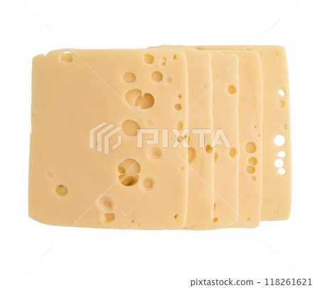 pieces of sliced cheese isolated on white 118261621