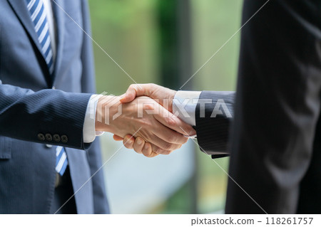 商人在戶外握手,手裡拿著新鮮的綠色植物 商人在戶外握手,手裡拿著新鮮的綠色植物 118261757