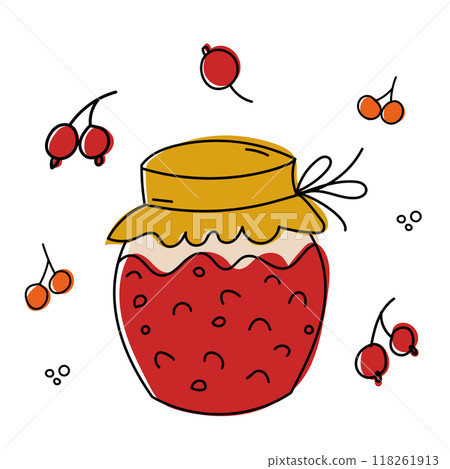 Beautifully presented, delicious jar of Strawberry Jam filled with fresh berries 118261913