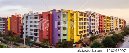 Modern Residential Complex: Multi-colored Facades under Overcast Sky. Generative ai Modern Residential Complex: Multi-colored Facades under Overcast Sky. Generative ai 118262097