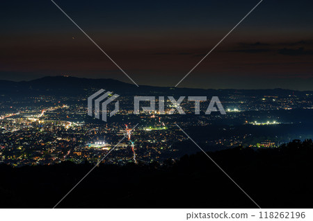 Early autumn evening view of Mount Wakakusa in Nara. From the sunset sinking into the foothills of Mount Ikoma through the beautiful sunset sky to the night view #53 Early autumn evening view of Mount Wakakusa in Nara. From the sunset sinking into the foothills of Mount Ikoma through the beautiful sunset sky to the night view #53 118262196