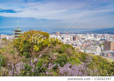 [Shizuoka Prefecture] The Peace Memorial Tower at Mount Kanuki and Koryodai is covered with cherry blossoms in full bloom. 118262397